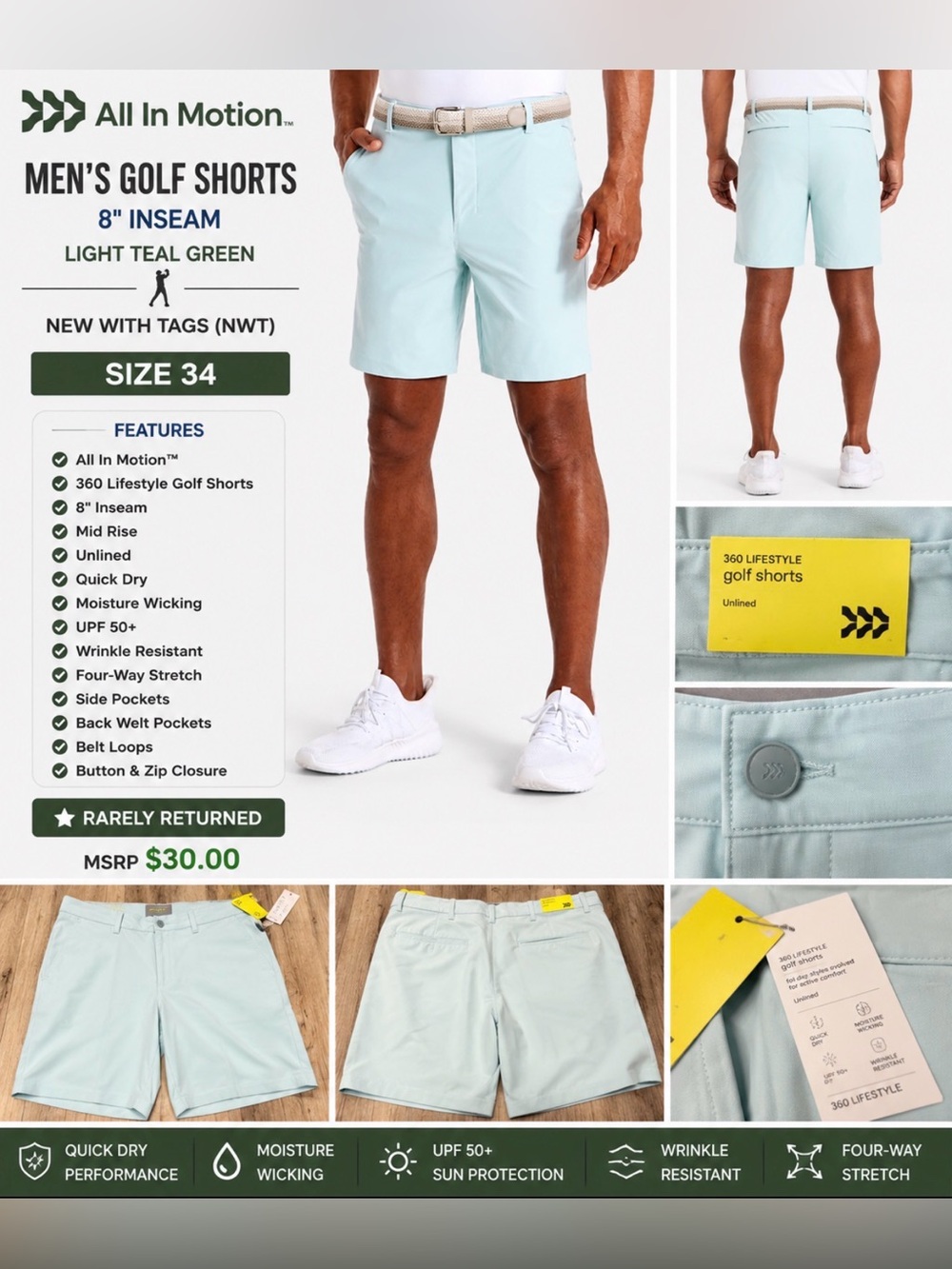 All in Motion Light Teal Green Men’s Flat Front Golf Shorts